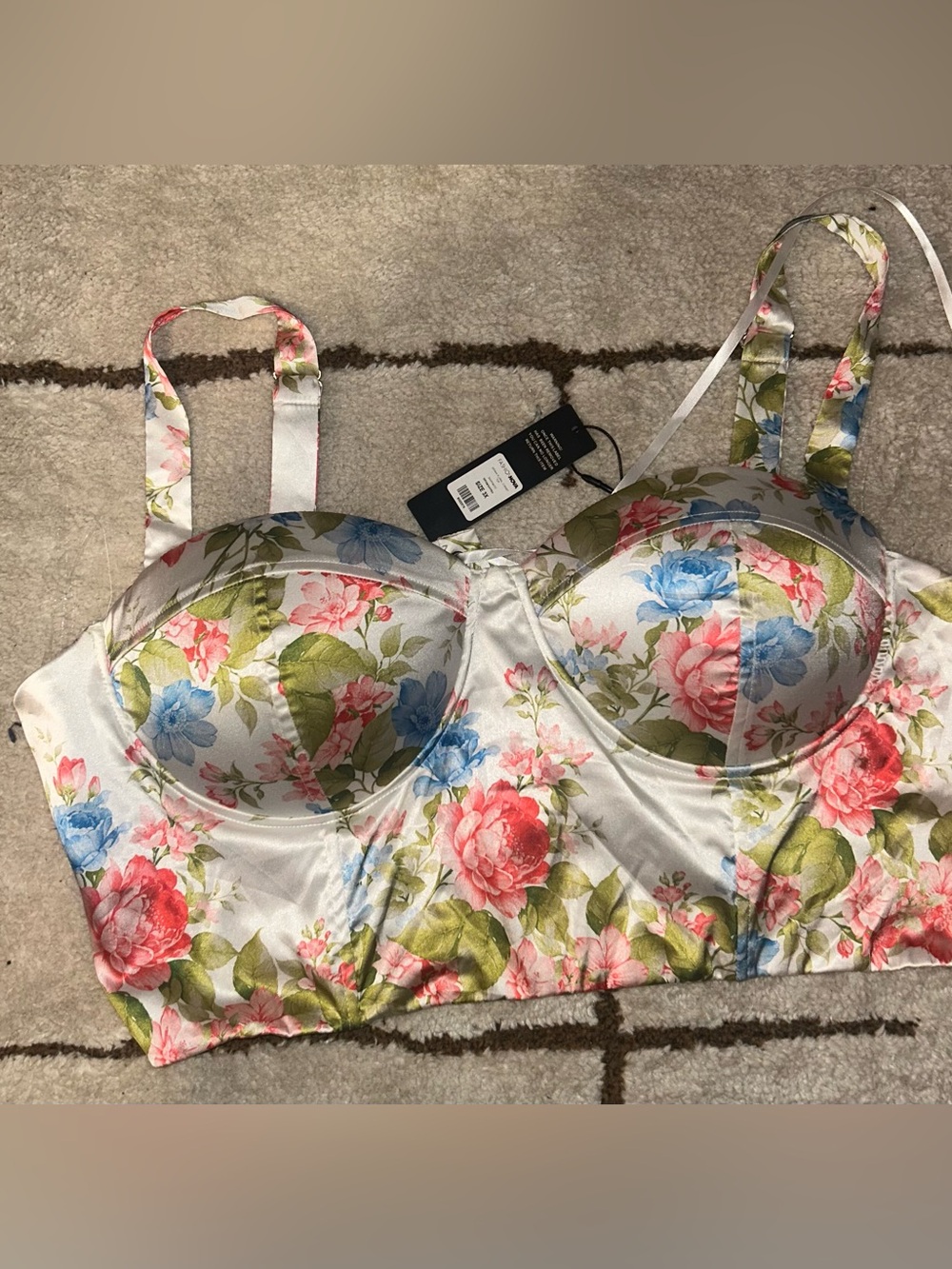 Fashion Nova Floral Satin Longline Bra - Pink, Blue & Green